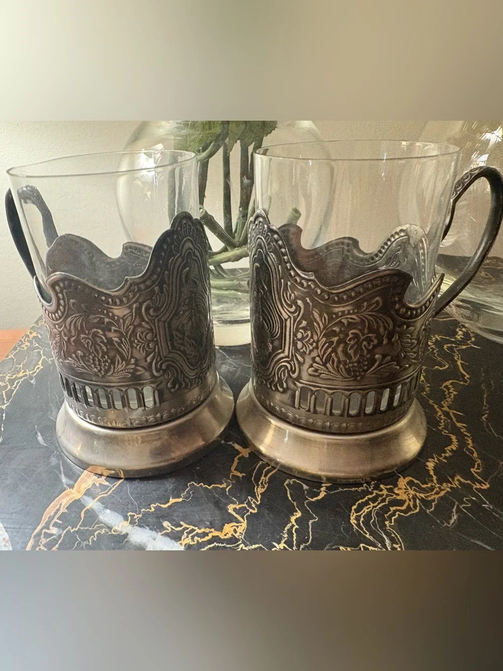 RARE Two Russian “Space” Nickel Glass Tea Cup Wine Holders podstakanniki